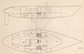 This drawing shows the interior general arrangement layout. <BR>1. This is the galley showing a two-element stove-and-double sink. <BR>2. Enclosed toilet compartment. <BR>3. Teak-wood bench seats enabling the crew to get ready in there special waterproof clothing before going on deck. <BR>3A. Main steps leading to on-deck. <BR>4. Eight bunks which are made very light-weight from aluminum tube and canvas stretch to support the mattress. <BR>5. Chart table area. This is where the navigator controls the yacht’s position during racing. <BR>6. Completely open area forward of the mast where the sails are kept. <BR>7. This shows the special arrangement for the propeller and the propeller shaft. The intention is to minimize the hydrodynamic resistance by hiding the propeller behind the yachts keel. 
